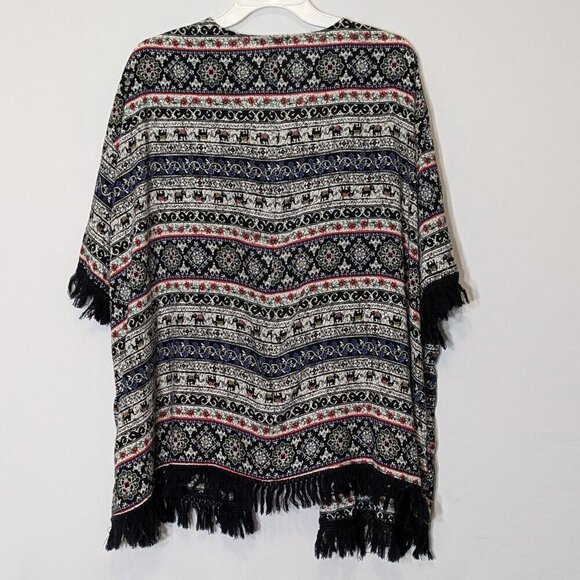 RHAPSODY Black/Red India Elephant Fabric; Open Fringed Tunic; Size L - Picture 2 of 5